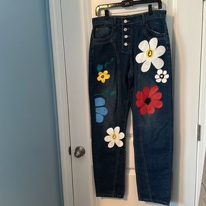 MissLook Happy Mod Painted Flowers Jeans Size Medium High Waist